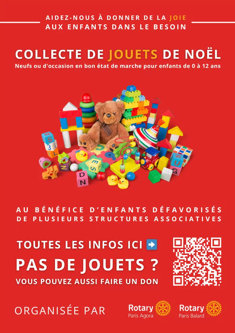 Affiche pour une collecte de jouets de Noël avec des jouets colorés en haut de l'affiche. Le texte explique comment participer à la collecte de jouets, en faisant un don pour des enfants âgés de 0 à 12 ans et au profit d'enfants défavorisés, avec des options de don claires. - Rotary Club Paris Agora