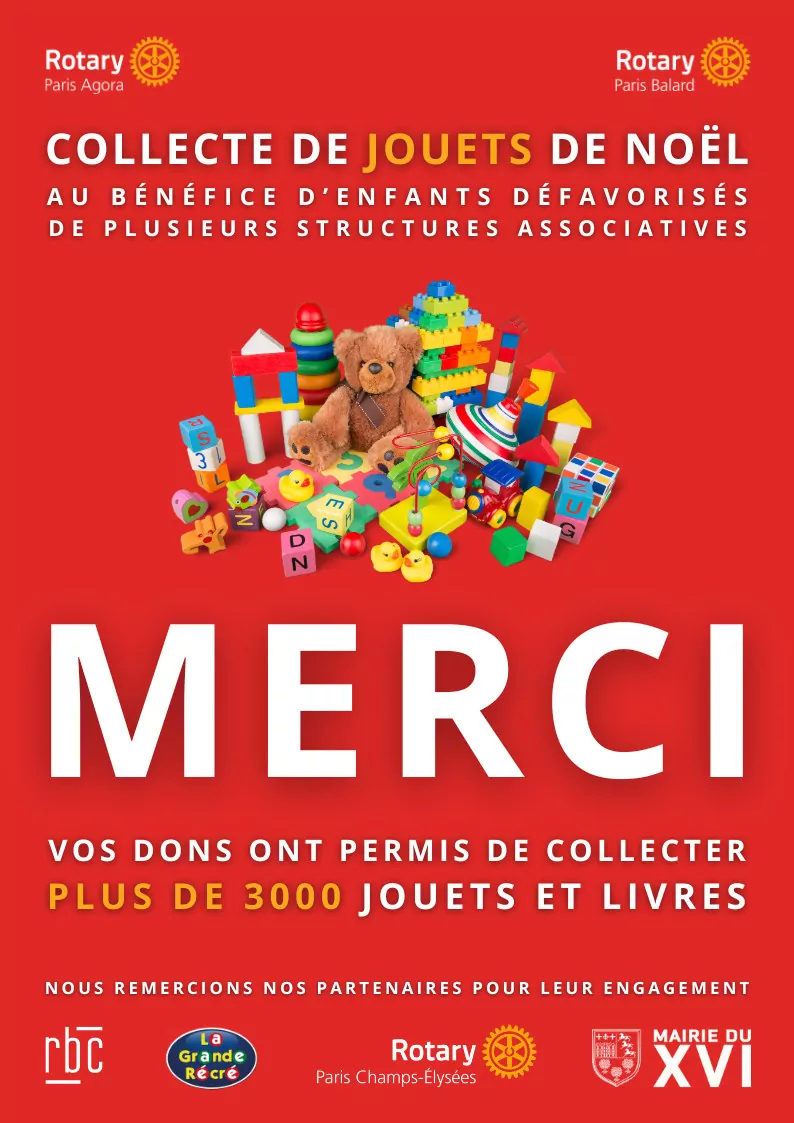 A poster with toys and books on a red background, reading: "Christmas Toy Drive", "Thank You", and "Your donations during the toy drive helped collect over 3000 toys and books", thanking donors. The logos of Rotary and partners are displayed. - Rotary Club Paris Agora