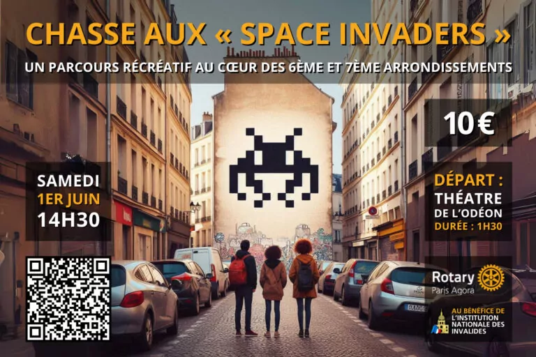 Affiche annonçant une chasse au street art "Space Invaders" à Paris le 1er juin à 14h30, au départ du Théâtre de l'Odéon ; trois personnes se dirigent vers un grand extraterrestre en pixel art sur un bâtiment. L'entrée coûte 10 euros. - Rotary Club Paris Agora