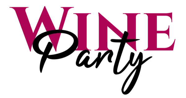 L'image montre les mots "Wine Party", avec "Wine" en grandes lettres majuscules roses foncées et "Party" en écriture cursive noire chevauchant la partie inférieure - parfait pour un événement de l'association La Mie de pain vente de vins. - Rotary Club Paris Agora