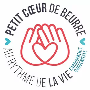 Logo with two red outline hands forming a heart in the middle. The text surrounding it reads: "LITTLE BUTTER HEART TO THE RHYTHM OF LIFE CONGENITAL HEART DISEASE." Two small blue hearts and a touch of Christmas spirit on each side. - Rotary Club Paris Agora