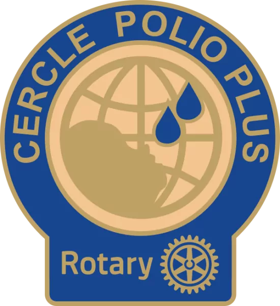A blue and gold badge depicting a globe, the silhouette of a child's face with two blue drops, and the Rotary gear logo highlights the partners of the "Rotary Polio Plus Circle." - Rotary Club Paris Agora