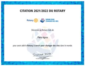 Une Citation Présidentielle 2019-2020 décernée au Rotary Club Paris Agora pour avoir aidé le Rotary à servir et à changer des vies dans le monde entier, signée par le président du Rotary International. - Rotary Club Paris Agora