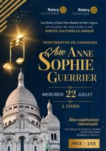 Affiche annonçant un concert à Montmartre avec Anne Sophie Guerrier, le 22 juillet à 19 h. L'image représente le Sacré-Cœur, des notes de musique, ainsi que des informations sur le prix des billets et les organisateurs du Rotary Club. - Rotary Club Paris Agora