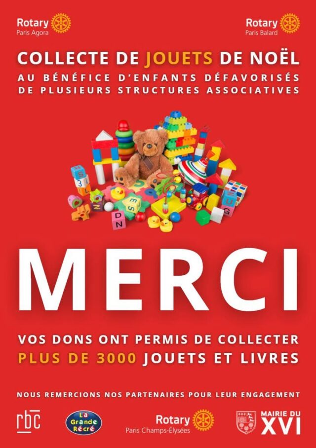 🎄 Mission accomplie… et quel succès !
Le Rotary Paris Agora , en partenariat avec le Rotary Paris Balard, est fier d’annoncer la clôture de sa grande collecte solidaire.Grâce à l’immense générosité des donateurs, plus de 3 000 jouets et livres ont été réunis pour offrir un beau Noël aux personnes et familles inscrites au service social de la Mairie du 16 , ainsi qu’à plusieurs associations bénéficiaires :🎁✨
• L’association Femme en Action Internationale
• L’association SLIC
• La Congrégation Saint Thomas de Villeneuve de Neuilly-sur-Seine
• L’Association 93’or d’Enfants🙏 Un immense merci à nos partenaires engagés :
✨ La Grande Récré Beaugrenelle, partenaire fidèle et de longue date, dont l’engagement constant fait toute la différence auprès des enfants
✨ RBC, dont l’accompagnement a été essentiel du début à la fin, et à Franck Argentin son PDG, pour son soutien généreux
✨ Karine Bourguignon et Catherine Rollet de l’équipe RBC, pour leur aide précieuse
✨ Le Rotary Club Paris Champs-Elysées, pour son engagement à nos côtés✨ Ensemble, nous avons fait bien plus que collecter des jouets et des livres:
nous avons créé de la solidarité, de la dignité et des sourires.#Solidarité #CollecteSolidaire #Rotary #AgirEnsemble #DonnerDuSens