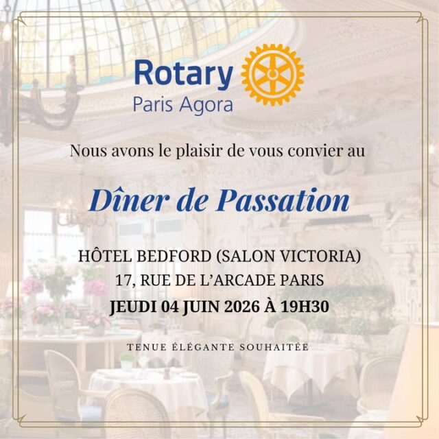 ✨ Une année s’achève, une autre commence… dans la continuité de nos engagements et de l’esprit qui anime notre club ✨Le Rotary Club Paris Agora vous donne rendez-vous pour son dîner de passation, un moment important de la vie du club qui marquera le passage de relais entre l’équipe qui a porté cette année rotarienne et celle qui poursuivra les projets du club en 2026-2027.Cette soirée sera l’occasion de se retrouver entre amis rotariens, partenaires et invités, de revenir sur les moments partagés cette année et d’ouvrir ensemble un nouveau chapitre, dans une ambiance conviviale et élégante.📍 Hôtel Bedford – Salon Victoria
📅 Jeudi 4 juin 2026
🕢 À partir de 19h30
✨ Tenue élégante souhaitéeNous serons heureux de vous compter parmi nous pour partager cette belle soirée.🔗 Inscriptions :
https://www.helloasso.com/associations/rotary-club-paris-agora/evenements/passation-2026#Rotary #RotaryParisAgora #Passation #Rotary1660 #ServirDAbord #Amitié #Paris
