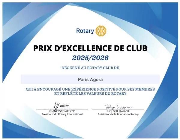 🏆 Une nouvelle distinction pour Paris AgoraLe Rotary Club Paris Agora est heureux de recevoir le Prix d’Excellence de Club du Rotary International pour l’année 2025-2026.Une reconnaissance que notre club obtient chaque année depuis 2019 et qui témoigne de la continuité de notre engagement et de la dynamique portée par nos membres.Des actions, des rencontres, des projets et de beaux moments de convivialité : autant d’ingrédients qui font vivre Paris Agora au fil des années.Merci à tous nos membres pour leur engagement et au District 1660 pour son accompagnement.Une belle façon de clôturer l’année 2025-2026 et d’aborder ce nouveau mandat avec enthousiasme, autour du message présidentiel 2026-2027 : « Créer un impact durable ».#Rotary #RotaryInternational #RotaryDistrict1660 #RotaryParisAgora #CréerUnImpactDurable #CreateLastingImpact #PeopleOfAction #Engagement #Paris