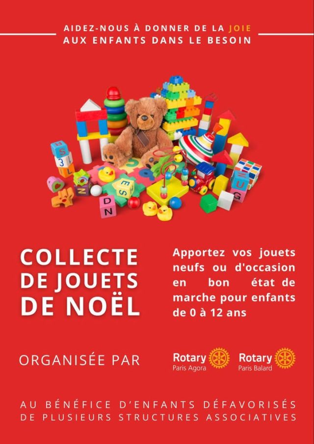 🎄🎁 COLLECTE DE JOUETS DE NOËL : À VOUS DE JOUER !
Du 20 octobre au 27 novembre 2026, les Rotary Clubs Paris Agora et Paris Balard se mobilisent pour offrir un Noël plein de joie aux enfants défavorisés ! ❤️
Depuis 10 ans, nous accompagnons la Mairie du 16 arrondissement de Paris dans cette belle aventure solidaire.
🎁 Comment participer ?
* Offrez des jouets neufs ou d’occasion en bon état (0 à 12 ans).
* 💝 Faites un don : https://www.helloasso.com/associations/rotary-club-paris-agora/formulaires/4
* 📍 Déposez vos jouets lors de nos réunions (calendrier sur www.rotaryparisagora.org).
* 💬 Contactez-nous sur nos réseaux ou auprès d’un membre.
🙏 Merci à RBC, La Grande Récré beaugrenelle, aux établissements scolaires et à tous nos partenaires pour leur précieux soutien !
✨ Un jouet donné, un sourire offert ! Partagez et mobilisez-vous !
Rotary District 1660 Rotary International
#Rotary #NoëlSolidaire #CollecteDeJouets #Paris16
