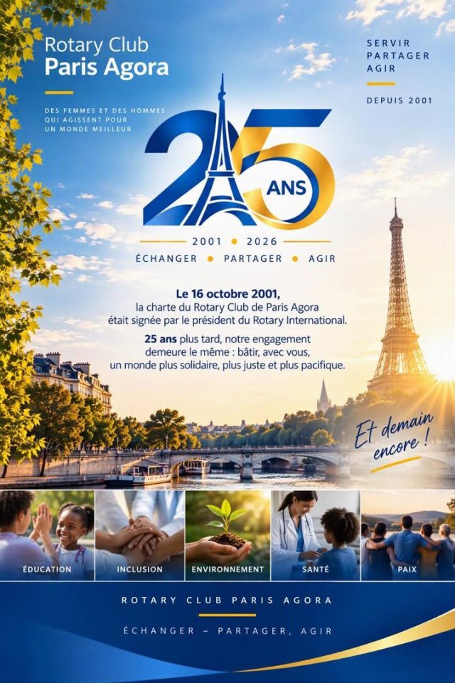 🎂 25 ans d’histoire, d’amitié et d’engagement ! 💙💛Le 16 octobre 2001, le Rotary Club Paris Agora signait sa charte et écrivait la première page d’une belle aventure humaine.25 ans plus tard, l’esprit est toujours le même : Échanger – Partager – Agir.En ce jour anniversaire, nous souhaitons rendre un hommage tout particulier à nos membres fondateurs, ces femmes et ces hommes visionnaires qui ont donné naissance à notre club et posé les fondations de ce qu’il est aujourd’hui.👏 Une pensée toute particulière pour Cyril Noirtin, membre fondateur toujours fidèle au club 25 ans plus tard ! Un bel exemple de constance, d’amitié et d’engagement rotarien.Au fil des années, d’autres membres ont rejoint l’aventure, apportant leurs idées, leur énergie et leur enthousiasme pour faire vivre cet esprit de partage et de service.🥂 Joyeux 25e anniversaire au Rotary Club Paris Agora !Merci à ceux qui ont écrit les premières pages, à ceux qui ont poursuivi l’histoire et à ceux qui écriront les prochaines.25 ans déjà… et tant de belles choses encore à construire ensemble !#RotaryParisAgora #25Ans #RotaryInternational #ÉchangerPartagerAgir #Amitié #Engagement